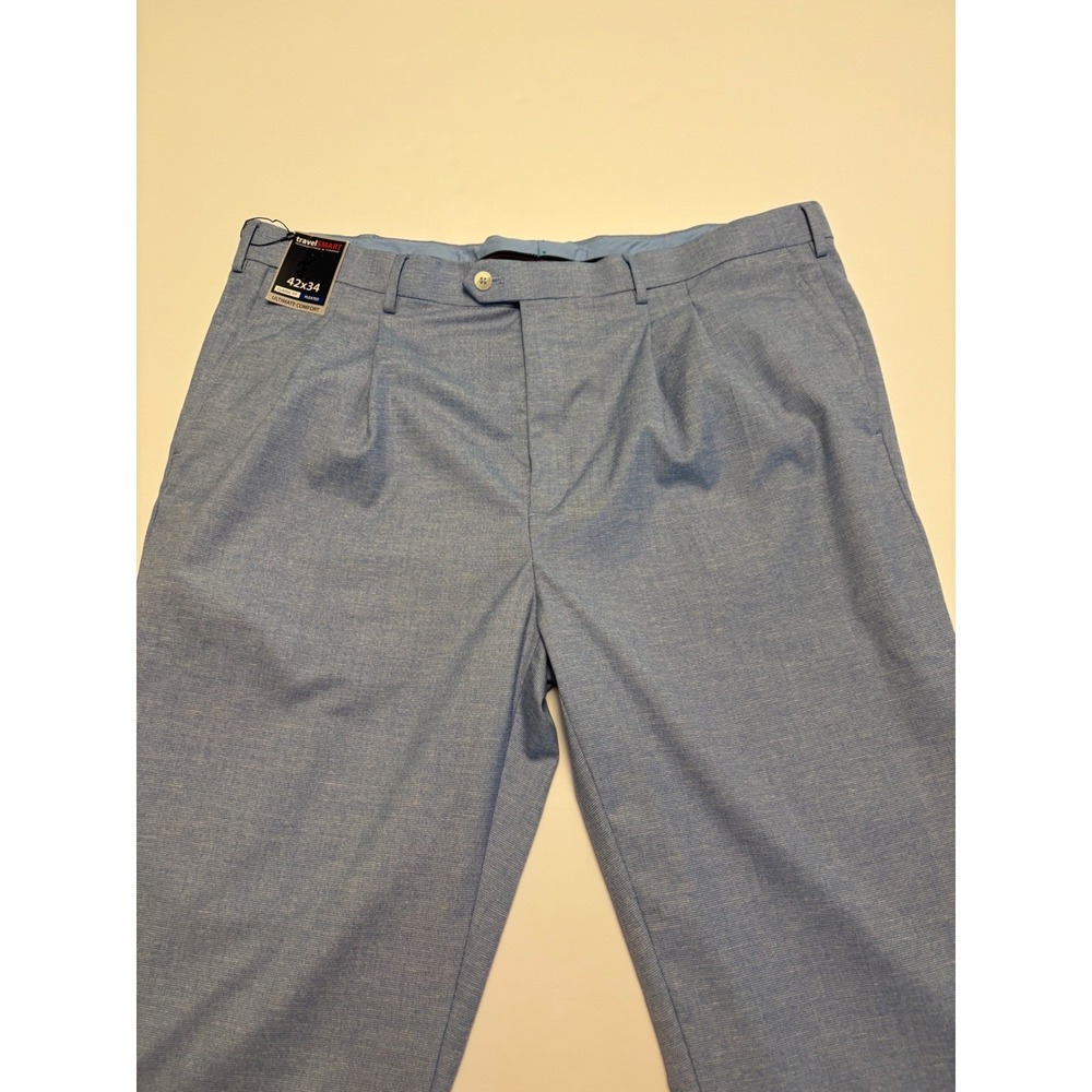 Roundtree&Yorke TravelSmart Dress Pants Mens 42x34 Blue NWT Pleated Classic Fit